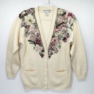 Vintage 90s JH Collectibles Sz M Cardigan Sweater Cream Embroidered Flowers Wool